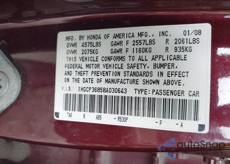2008 Honda Accord 3.5 Ex-L from USA, damaged, VIN 1HGCP36858A030643